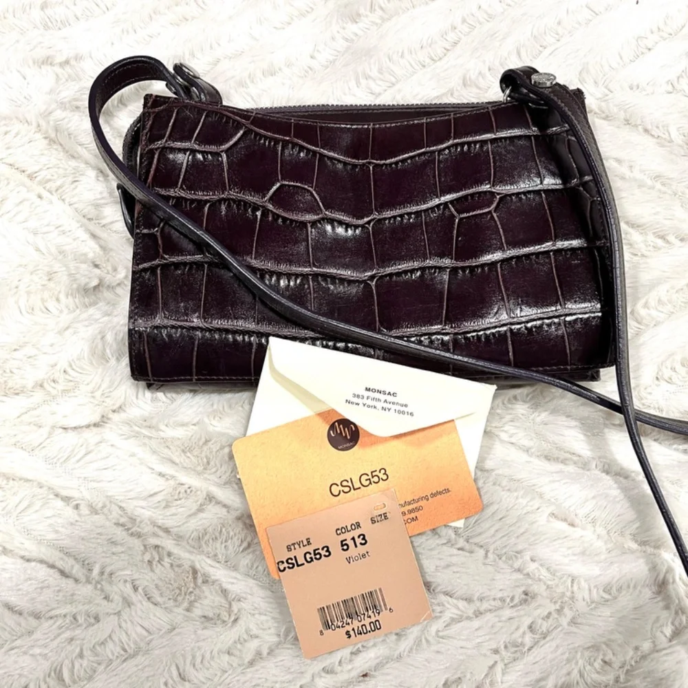 Monsac Deep Purple Croc Embossed Leather Small Crossbody Wallet Bag NWT - Picture 8 of 8